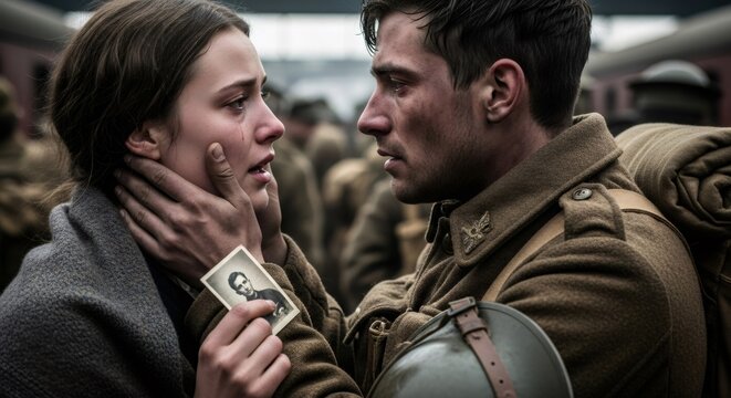Soldier says goodbye to crying woman before leaving for war. Heartbreaking moment of separation with a vintage photo.