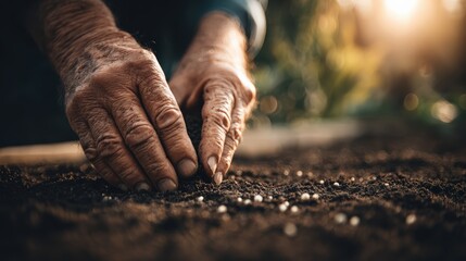 Close up of hands planting seeds in rich soil under warm sunlight