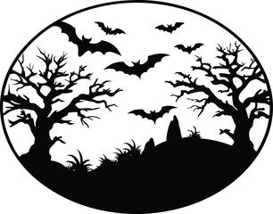 Night sky Halloween background with bats and a tree silhouette vector illustration
