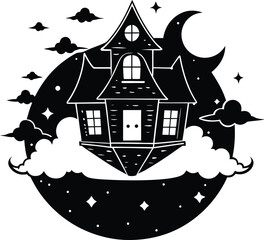 Spooky haunted house silhouette with bats, moon, and tree on a dark hill at night, perfect for a Halloween vector illustration