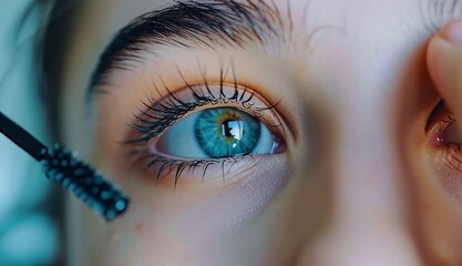 A woman applies mascara to her eyelashes, close-up. Cosmetic product