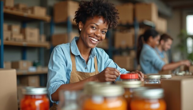 Smiling Black woman volunteers at food bank. She organizes food jars and boxes. Other people help sort donations. Team works in warehouse for community support and aid supply. - Powered by Adobe