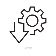 Import line icon. Settings concept. Cogwheel, gear, down arrow symbol. Isolated on a white background. Editable stroke. Flat design. Vector illustration.