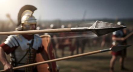 Ancient Roman soldier preparing for battle with a spear in the foreground. Historical warfare and military strategy concept.