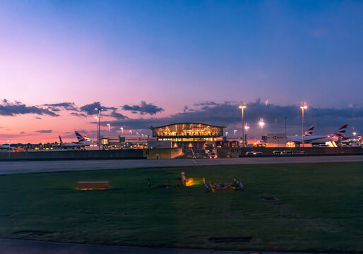 Sunset over Terminal 5 at London Heathrow airport, UK