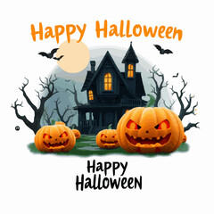 Spooky Halloween scene with jack o lanterns and haunted house