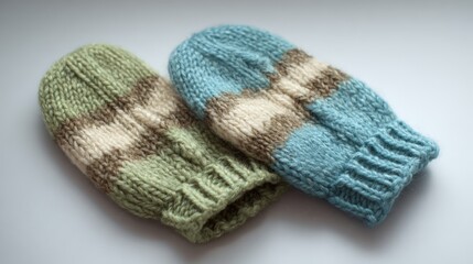 Handmade knitted mittens in soft green and blue two piece set