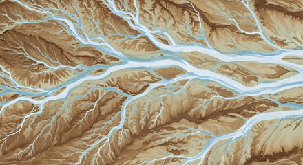 Tie dye aerial view of a braided river system flowing through a dry, mountainous landscape for commercial usage