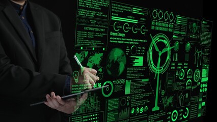 A business professional engages with a digital green energy dashboard showcasing data visuals, aiming for sustainability and innovation in energy solutions. Cipher