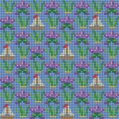 Abstract seamless ocean-themed mosaic pattern with starfish, fish, ship and seaweed. Vector illustration.