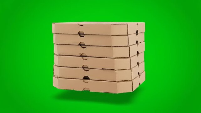 Stack of Unlabeled Cardboard Pizza Boxes Isolated on a Green Backdrop for Versatile Use