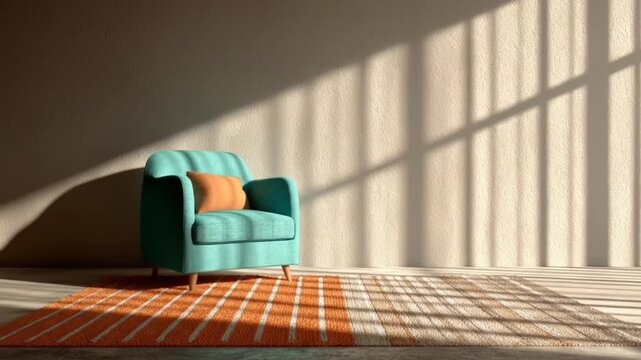 An aqua armchair with an orange pillow sits on a striped rug; window light casts shadows on a wall
