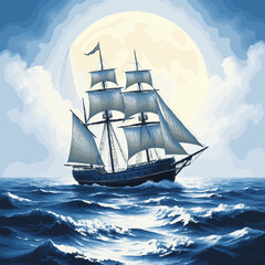 Tall ship sailing on choppy blue ocean under a large pale moon