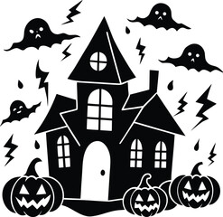 Haunted house with scary tree and pumpkin silhouette against a full moon on a dark October night, a spooky Halloween celebration vector illustration