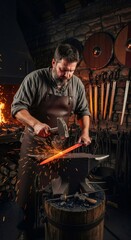 Fototapeta premium Man blacksmith forging hot metal on anvil in an ancient workshop with sparks flying. Crafting medieval weapon or tool for battle or war concept.