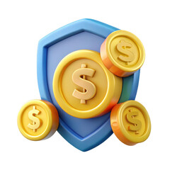 3d shield with coins isolated on transparent background
