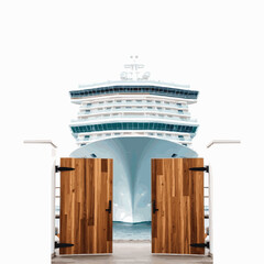 Open wooden gates revealing large cruise ship at sea