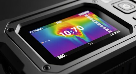 Professional thermal camera displays vibrant heat map data for industrial inspection and scientific research, revealing temperature variations.