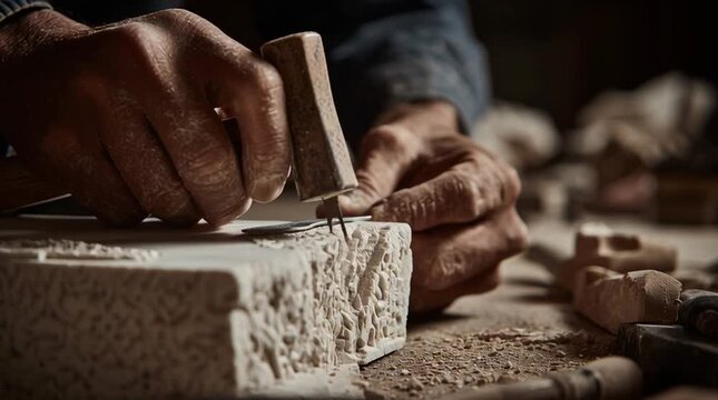 A tight, cinematic shot of a sculptor&rsquo;s hands carving intricate details into marble with a chisel and hammer &mdash; flying dust, tactile texture, focused craftsmanship.
