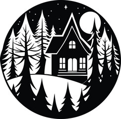 A Christmas winter house in a snowy forest village at night