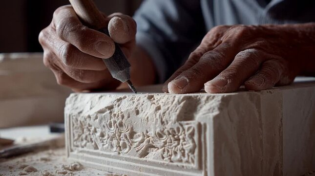 A tight, cinematic shot of a sculptor&rsquo;s hands carving intricate details into marble with a chisel and hammer &mdash; flying dust, tactile texture, focused craftsmanship.
