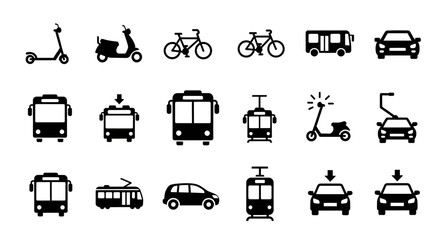 Set of various modern transportation icons on a white background