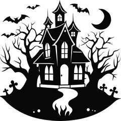 Spooky haunted house on a hill with bats and a full moon at night