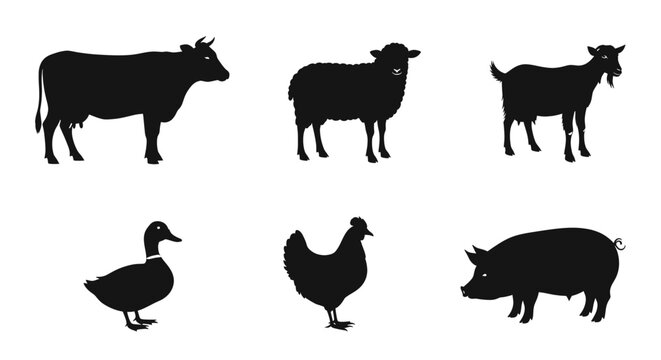 Farm animals silhouettes - cow, sheep, goat, duck, chicken, pig