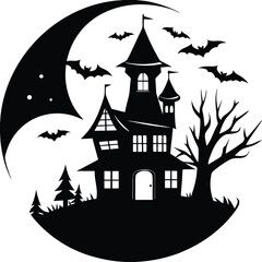 Halloween Night Castle Haunted House with Pumpkin and Bats Silhouette