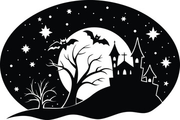 Silhouette of a cat on a tree at night with moon and haunted house in a winter village landscape