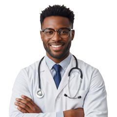 Fototapeta premium Smiling black male doctor with stethoscope isolated on transparent background