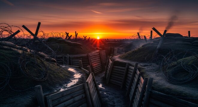 Trench warfare at sunset with barbed wire, sandbags, and smoke. War historical reenactment for history education.