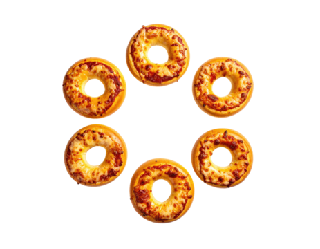 Seven pizza-topped donuts arranged in a circle