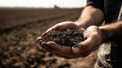 Hands holding soil in agricultural field capturing the essence of farming and sustainability