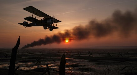 Vintage biplane flying over muddy, war-torn battlefield with barbed wire obstacles and smoke in a sunset sky for historical military concept