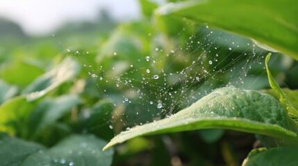 Delicate web with dew drops on green leaves in natural setting
