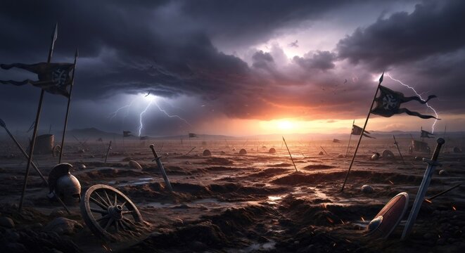 Battlefield after war during sunset with lightning. Dramatic historical scene representing the aftermath of an ancient battle on marshland concept.
