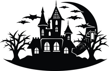 Halloween Castle Silhouette on Hill at Night with Bats and Moon