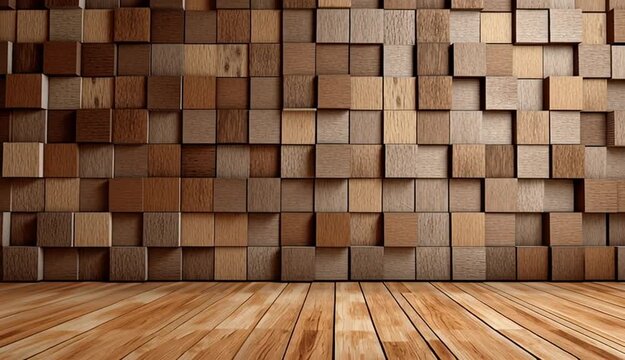 brown wooden wall with a pattern of wooden squares, resembling brickwork
