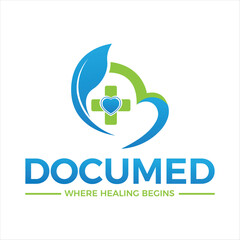 Modern Logo Design Green Medical Cross, Blue Heart, and Leaf Symbol, DOCUMED Brand Identity with Natural Healing and Healthcare Concepts