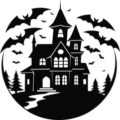 Spooky Halloween House Vector Illustration with Bats and Moon at Night