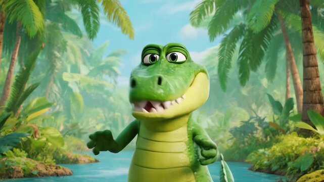 Cartoon Crocodile Shrugging Shoulders In A Silly Playful Gesture, 3D Animated Style, Seamless Looping Background, Expressive Comical Character Design