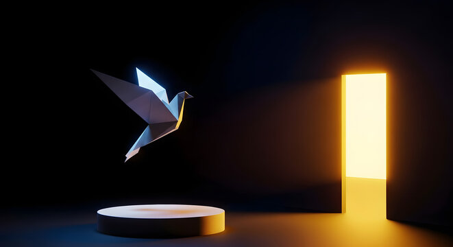 Peace, Hope concepts. World International Peace Day. Freedom Symbolic. a Paper Origami White Dove Flying out the Window.