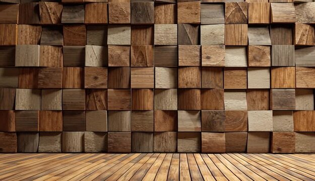 brown wooden wall with a pattern of wooden squares, resembling brickwork
