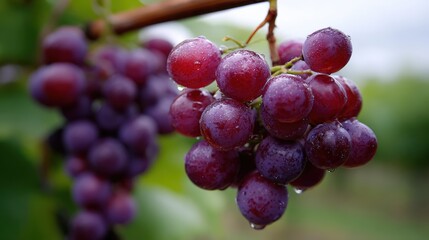 Fototapeta premium Fresh bunch of grapes with raindrops on green vine background