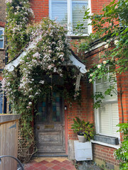 Red Brick House Entrance with Flowering Climbing Plant