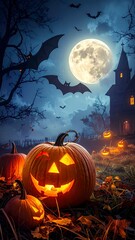 Halloween Night - Pumpkins, Bats, and a Spooky Church under the Moonlight.