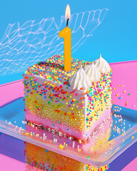 A slice of birthday cake with a yellow number one candle is topped with dollops of white frosting and rainbow sprinkles. Joyful and vibrant party aesthetic on a mirrored plate.