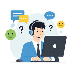 Customer Support Agent at Desk flat style illustration