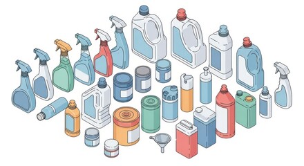 Collection of various cleaning product bottles and spray containers for household use